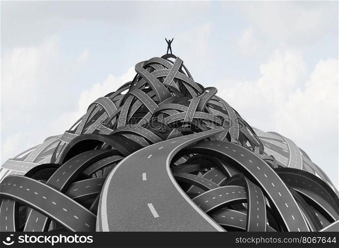 Reaching the peak leadership concept and achieving goals or top of the hill symbol as a businessman standing on the pinnacle of a group of roads shaped as a mountain as an icon for the way to success path with 3D illustration elements.