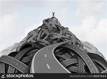Reaching the peak leadership concept and achieving goals or top of the hill symbol as a businessman standing on the pinnacle of a group of roads shaped as a mountain as an icon for the way to success path with 3D illustration elements.