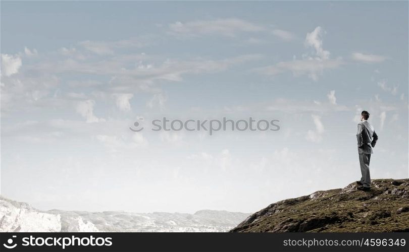 Reaching top of success. Rear view of confident businessman standing on rock top