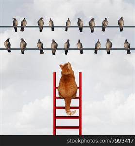 Reaching your goal concept and setting goals business metaphor as a cat climbing a ladder to reach a group of birds on a high wire as a motivation symbol for strategy and planning.