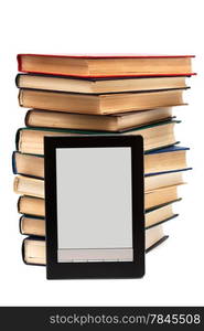 reader and old books on a white background