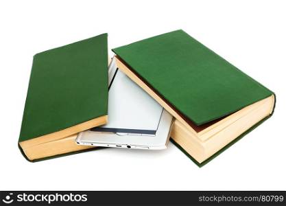 reader and old books on a white background