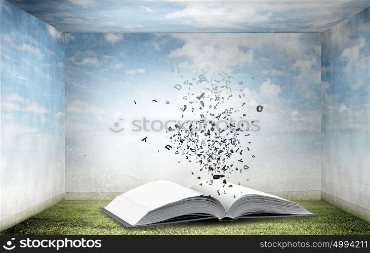 Reading concept. Opened book with characters flying of pages