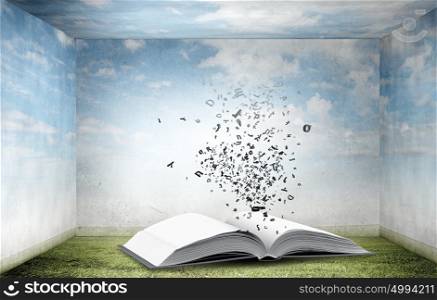 Reading concept. Opened book with characters flying of pages