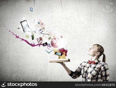 Reading concept. Woman in casual wear holding opened book in hands