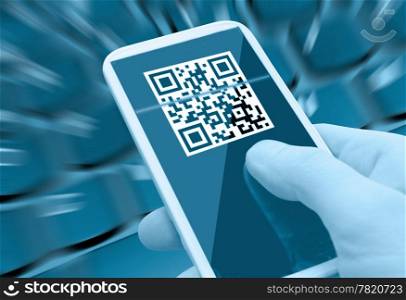 Reading QR Code With Smartphone in Man&rsquo;s Hand
