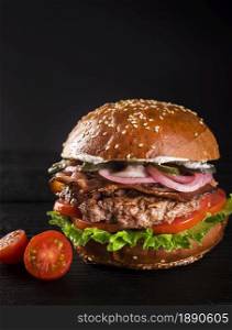 ready be served classic hamburger with cherry tomatoes 1 . Resolution and high quality beautiful photo. ready be served classic hamburger with cherry tomatoes 1 . High quality and resolution beautiful photo concept