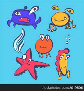 Ready for cards, posters, prints and other usage. Collection of funny monsters living in the sea