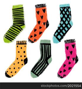 Ready for cards, posters, prints and other usage. Set of bright warm cozy winter patterned socks