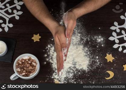 ready for dough. ready for dough by hands on wooden table background