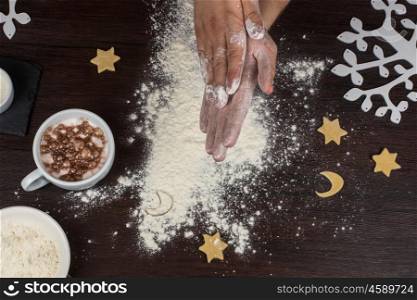 ready for dough. ready for dough by hands on wooden table background