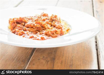 Ready meal of pasta tomato pork sauce, stock photo