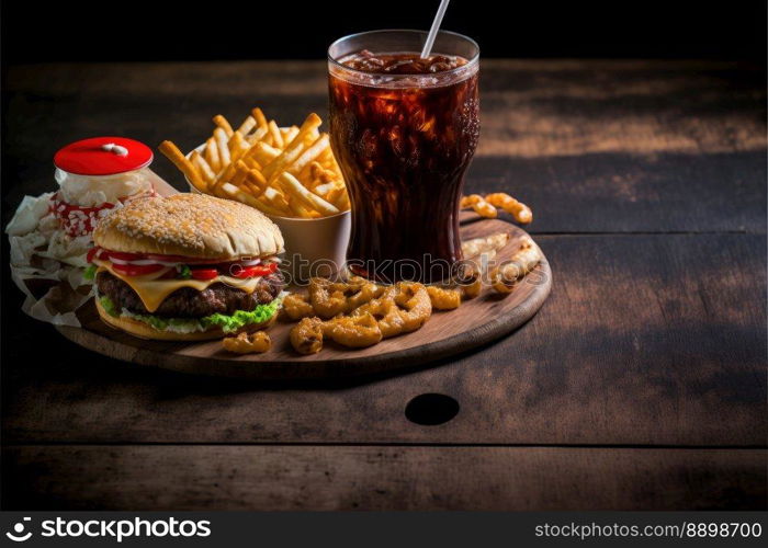 Ready-to-eat takeaway food. Fresh hamburger, fried potatoes and chicken nuggets or croquettes on dark background. Fast food restaurant menu. Side view. Generative AI