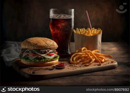 Ready-to-eat takeaway food. Fresh hamburger, fried potatoes and chicken nuggets or croquettes on dark background. Fast food restaurant menu. Side view. Generative AI