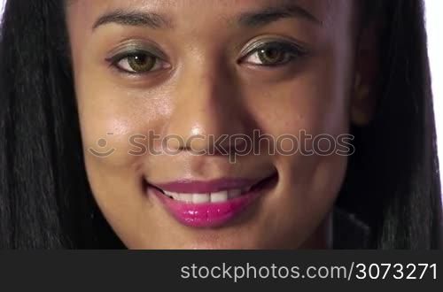 Real black people portrait with emotions and feelings. Face on white background. Beautiful young happy multiethnic woman smiling, mixed race lady, pretty girl looking at camera. Joy, female beauty