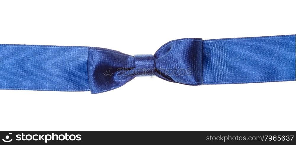 real blue bow knot on wide silk ribbon isolated on white background