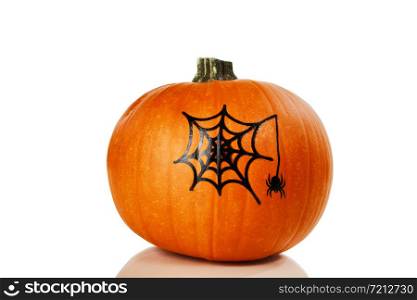 Real decorated pumpkin isolated on white background for Autumn Halloween holiday concept