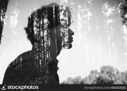 Real double exposure made in camera of a man and a forest