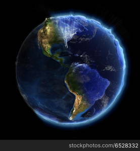 Real earth night and day 3d rendering. America real relief surface. Earth map from NASA 3d rendering. Real earth night and day 3d rendering