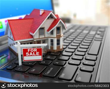 Real estate agency online. House on laptop keyboard. 3d