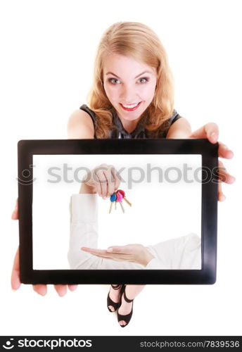 Real estate agent businesswoman showing ipad with photo of keys in female hands. Happy blond girl holding tablet touchpad dreaming about own home. Isolated. Technology and accommodation.