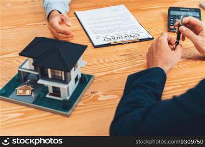 Real estate agent calculating tax and interest, insurance agreement terms with client buying property and applying for house loan. Financial advisor managing investment budget with calculator. Entity. Real estate agent calculating tax and interest with calculator. Entity