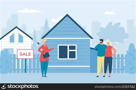 Real estate agent show house for buyer. Real estate agent, buyer character near apartment with broker, vector illustration. Real estate agent show house for buyer