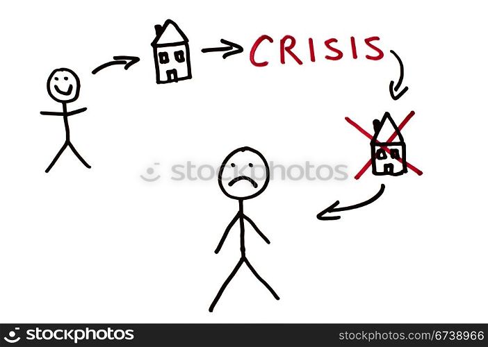 Real estate and crisis conception illustration over white.