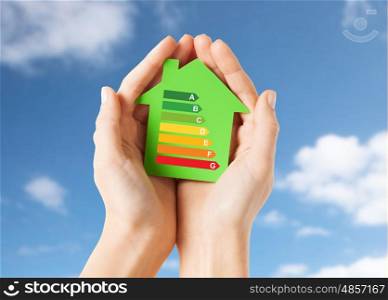 real estate and home concept - close up of female hands holding green paper house with energy efficiency rating. hands holding green paper house