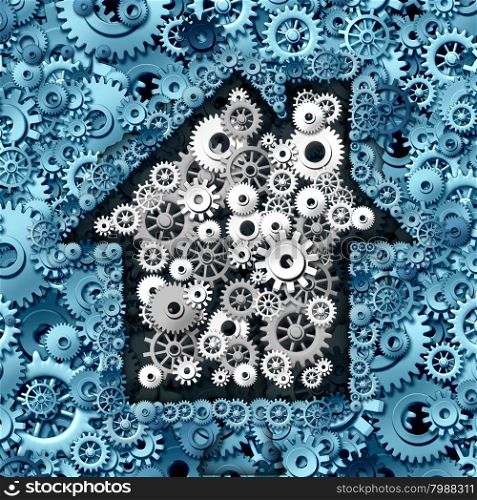 Real estate business concept as house or home automation made of gears and cog wheels as a symbol for investing in residential construction ideas and mortgage financing or a smart home symbol.