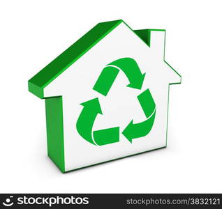 Real estate business, environment care and green energy concept with a home icon shape and recycling symbol isolated on white background.