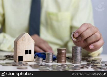 Real estate concept business, home insurance and real estate protection. Buy and sell houses and real estate online. Man holding coin stack on desk.