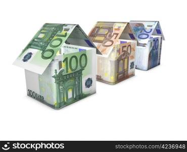 Real estate growth concept. Houses shaped with growing euro banknotes value on white background.