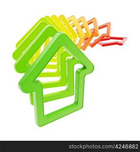 Real estate market prices down: queue line of green to red colored house emblems falling down as domino effect isolated on white background