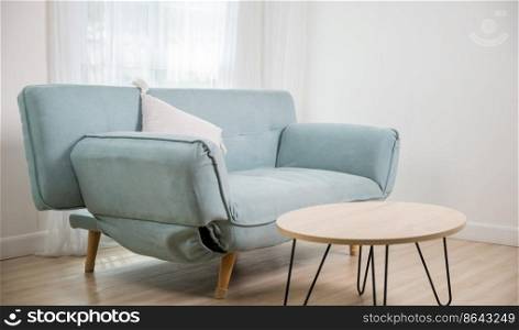 Real photo. Sofa in living room with windows minimal style, interior design of modern apartment and trendy furniture
