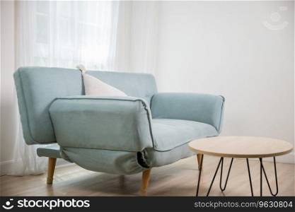 Real photo. Sofa in living room with windows minimal style, interior design of modern apartment and trendy furniture