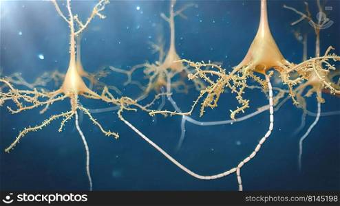 Real Purple Neuron synapse network 3D . Multiple angles of electrical impulses between neurons. 3d illustration. Neurons With Amyloid Plaques,