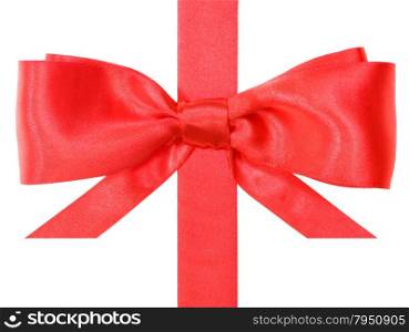 real red satin bow with horizontal cut ends on vertical ribbon close up isolated on white background