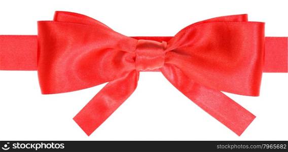 real red satin bow with square cut ends on ribbon close up isolated on white background