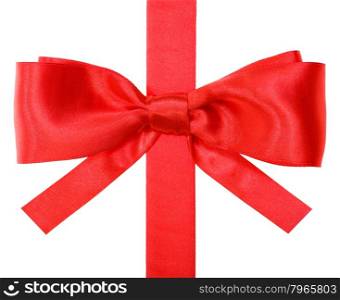 real red satin bow with square cut ends on vertical ribbon close up isolated on white background