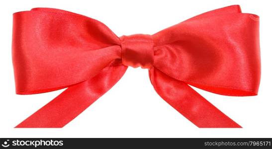 real red satin ribbon bow with horizontal cut ends isolated on white background