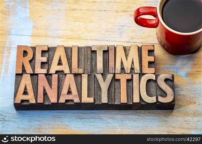 real time analytics word abstract in vintage letterpress wood type