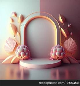 Realistic 3d illustration of podium with floral ornament for product banner