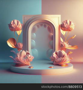 Realistic 3d illustration of podium with floral ornament for product banner