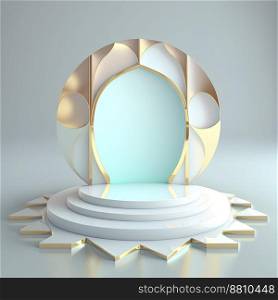 realistic 3d islamic scene background shiny diamond color effect with mosque gate for podium and product display stage