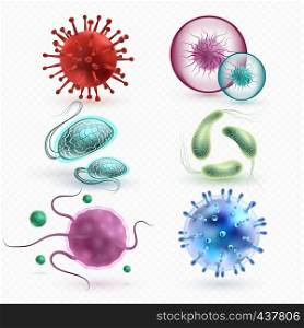Realistic 3d microscopic viruses and bacteria isolated vector set. Microscopic cell illness, bacterium and microorganism illustration. Realistic 3d microscopic viruses and bacteria isolated vector set