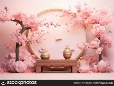 Realistic 3D render blank empty pastel pink podium with cherry blossom flower bouquet and blowing white curtain. Beauty products display, Backdrop. AI Generative.