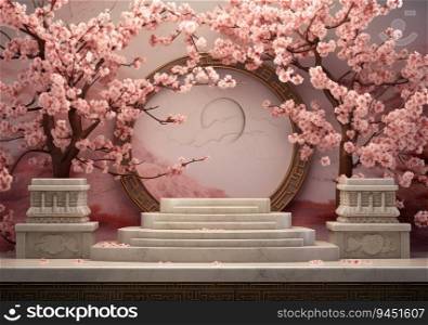 Realistic 3D render blank empty pastel pink podium with cherry blossom flower bouquet and blowing white curtain. Beauty products display, Backdrop. AI Generative.
