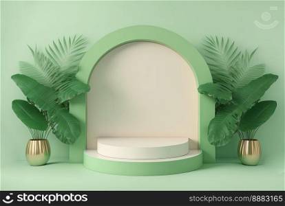 realistic 3d rendering illustration of pastel green podium with leaf around for product display