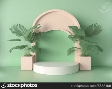 realistic 3d rendering illustration of pastel green podium with leaf around for product podium